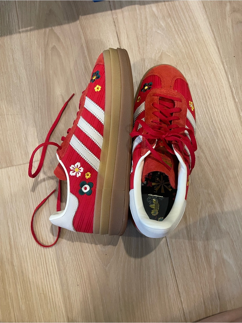 adidas Liberty Red Floral Platform Sneakers with White Stripes - Picture 3 of 7